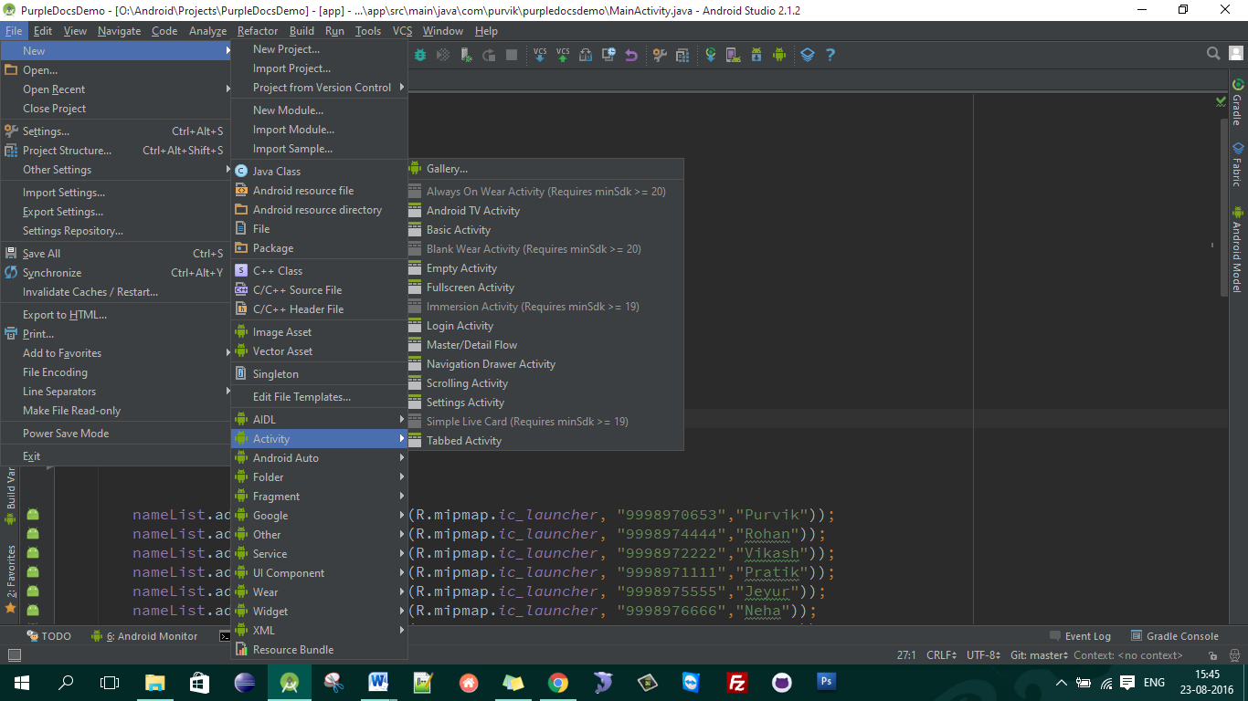 Android Studio Build in Code samples