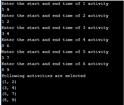 Output of activity selection problem program